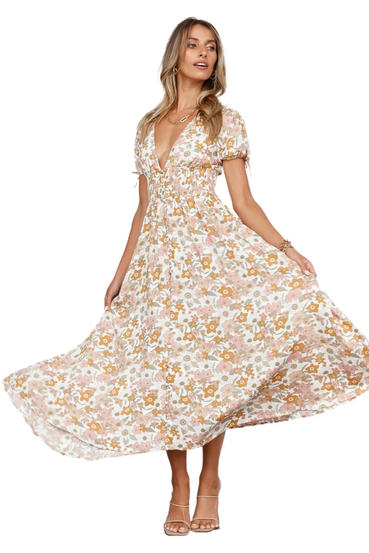 

2021 Summer Casual Female Printing Short-sleeved V-neck A Long Dress Single-breasted Side Slit Fashion Lady Beach Holiday Dress