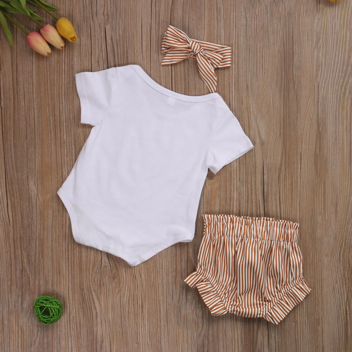 

Cute Baby Girl 0-24M Summer 3Pcs Infant Kids Baby Girls Outfit Sun Short Sleeve Romper + Sweet Striped Shorts + Bow Headwear Set