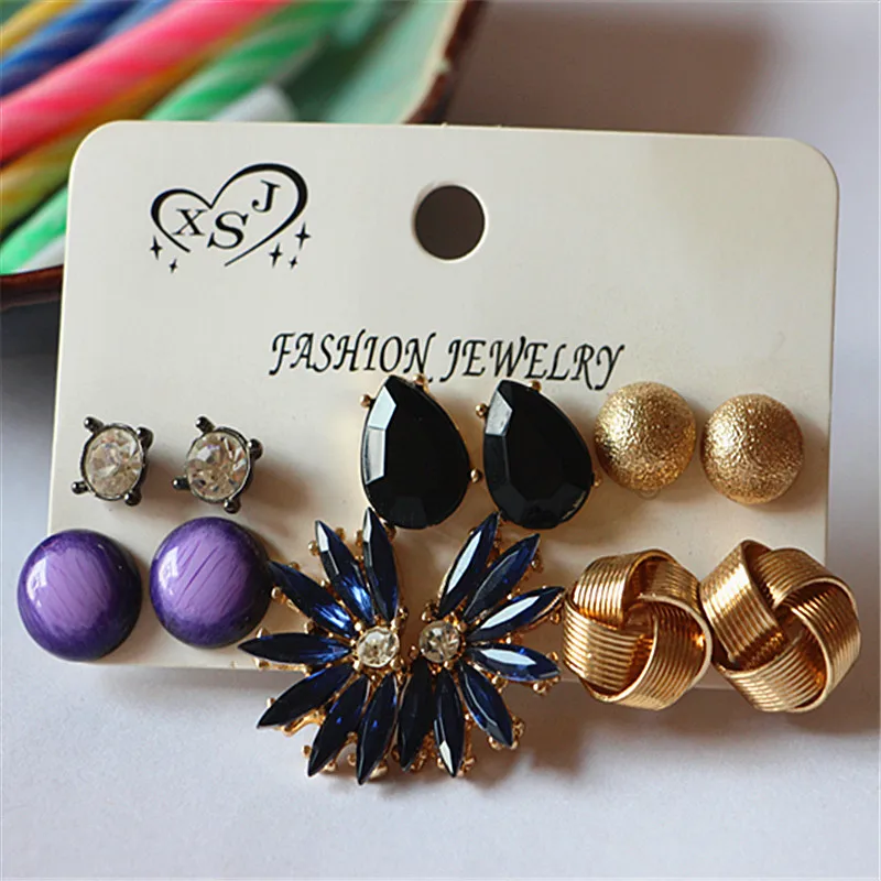 New fashion women jewelry wholesale girls black earrings beautiful mashup 6 pairs /set Christmas gift free shipping | Украшения и