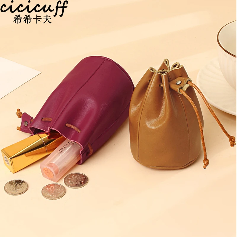 

Oil Wax Leather Women Classic Simple Coin Purse Drawstring Cool Personality Change Purse Lipstick Coins Storage Small Bucket Bag