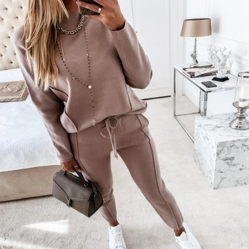 

Осень-зима для женщин комплект из 2 предметов, спортивный костюм, однотонный топ с длинными рукавами и брюки на завязке; Комплект