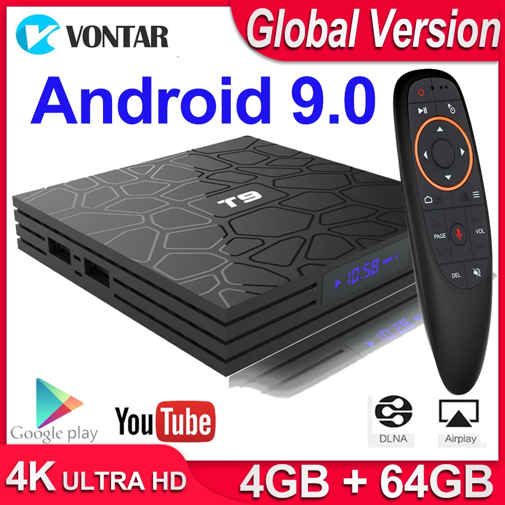 Глобальный ТВ BOX Smart коробка Android 9 0 T9 4 Гб Оперативная память 64 Гб/32 ГБ флэш памяти