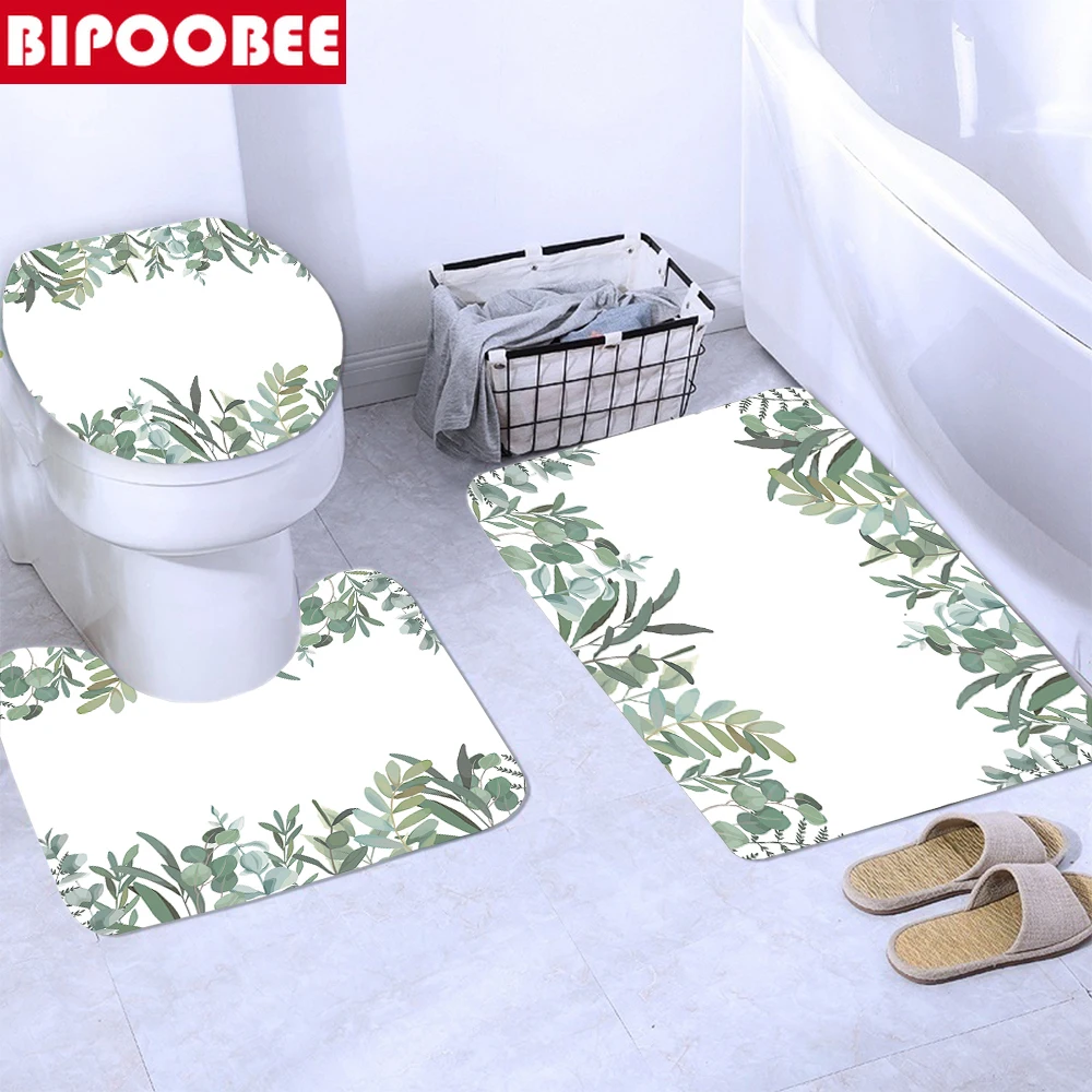 Набор занавесок для душа с принтом зеленых растений и листьев нескользящий