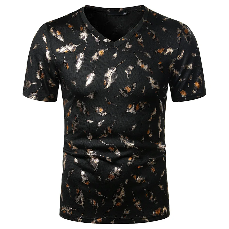 Футболка мужская с золотым принтом перьев короткий рукав V-образный вырез