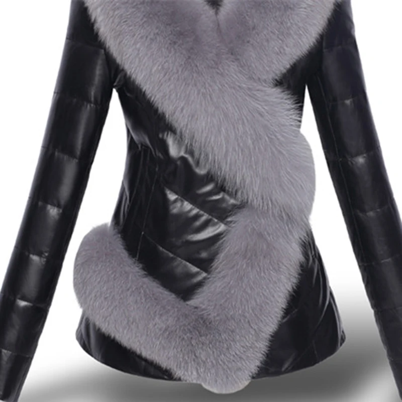 Women Imitation Faux fox fur collar PU Leather Jacket Winter Short Jackets Plus size Womens Fur stitching F1083 | Женская одежда