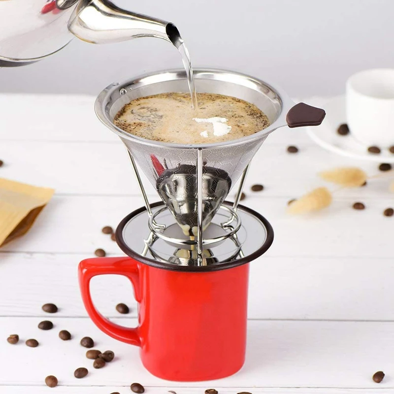 

Pour Over Coffee Filter,Stainless Steel Permanent Coffee Dripper, Paperless Reusable Coffee Filter Cone with Removable Cup Stand