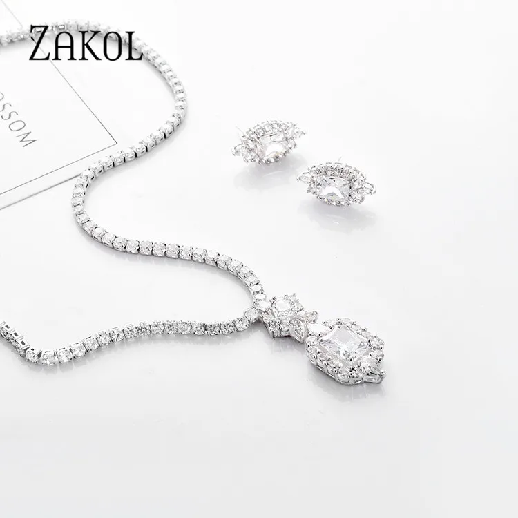 ZAKOL новейший роскошный Искрящийся кубический циркон серьги ожерелье тяжелый