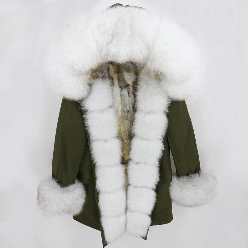 OFTBUY, водонепроницаемая парка, натуральное меховое пальто, зимняя куртка для женщин, воротник из натурального меха енота, капюшон, подкладка из натурального кроличьего меха, съемная - Цвет: green white