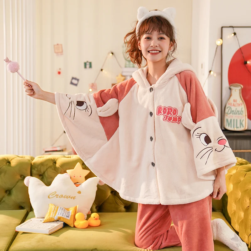 Winter Pyjamas Women Sleepwear Coral Fleece Nightgown Flannel Pajamas Loose Version Hooded Batwing Keep Warm Intensification