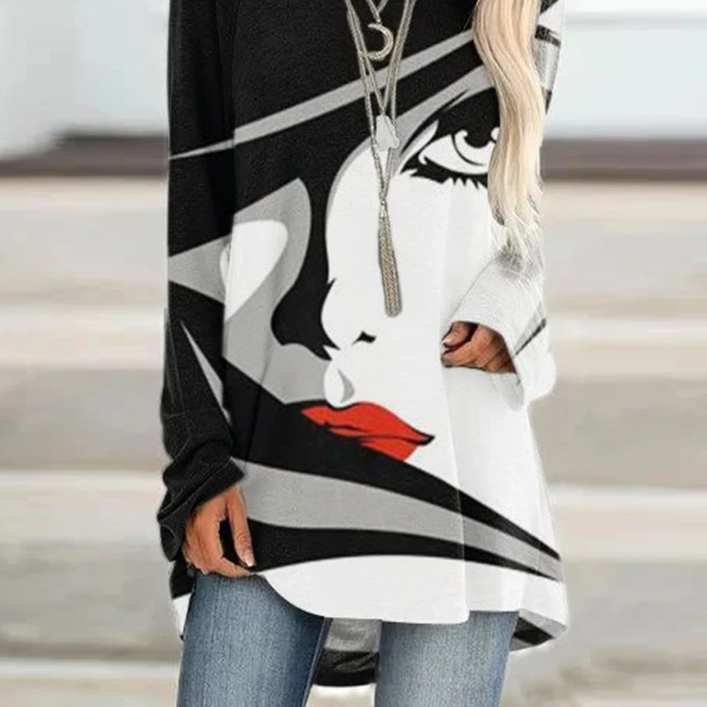 

White-Black Vintage Crew Neck Abstract Shirts & Tops For Women