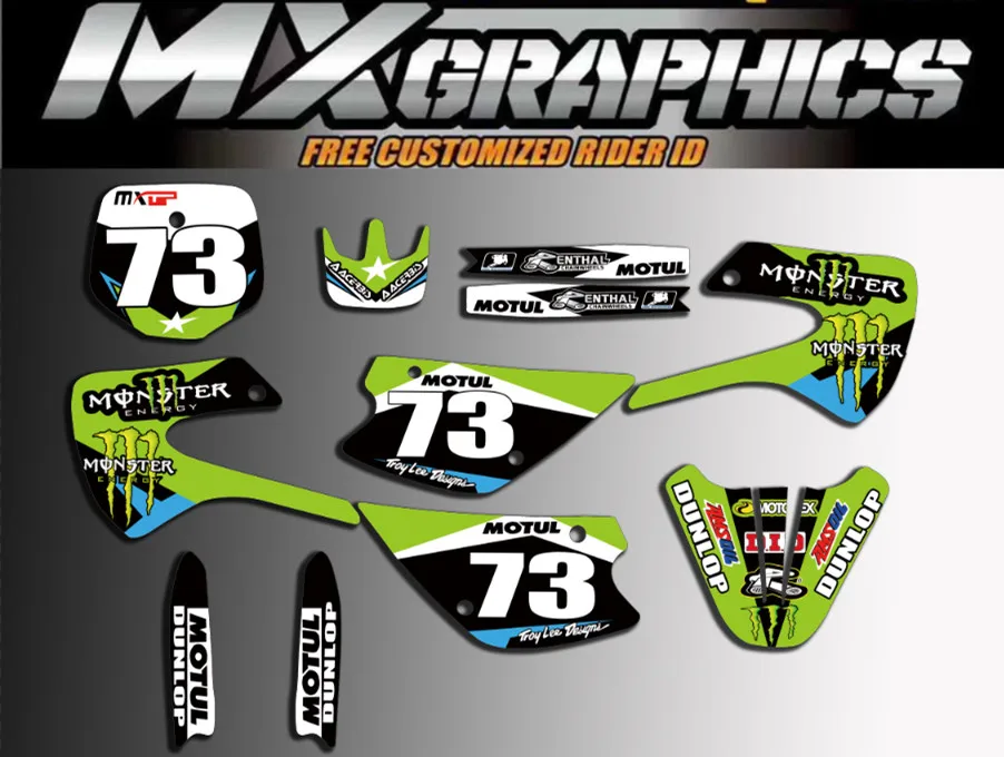 Пользовательские команды Графика Фоны наклейки комплект для Kawasaki KX85 KX100 1998 1999 2000 2001 2002 03 04 05-13