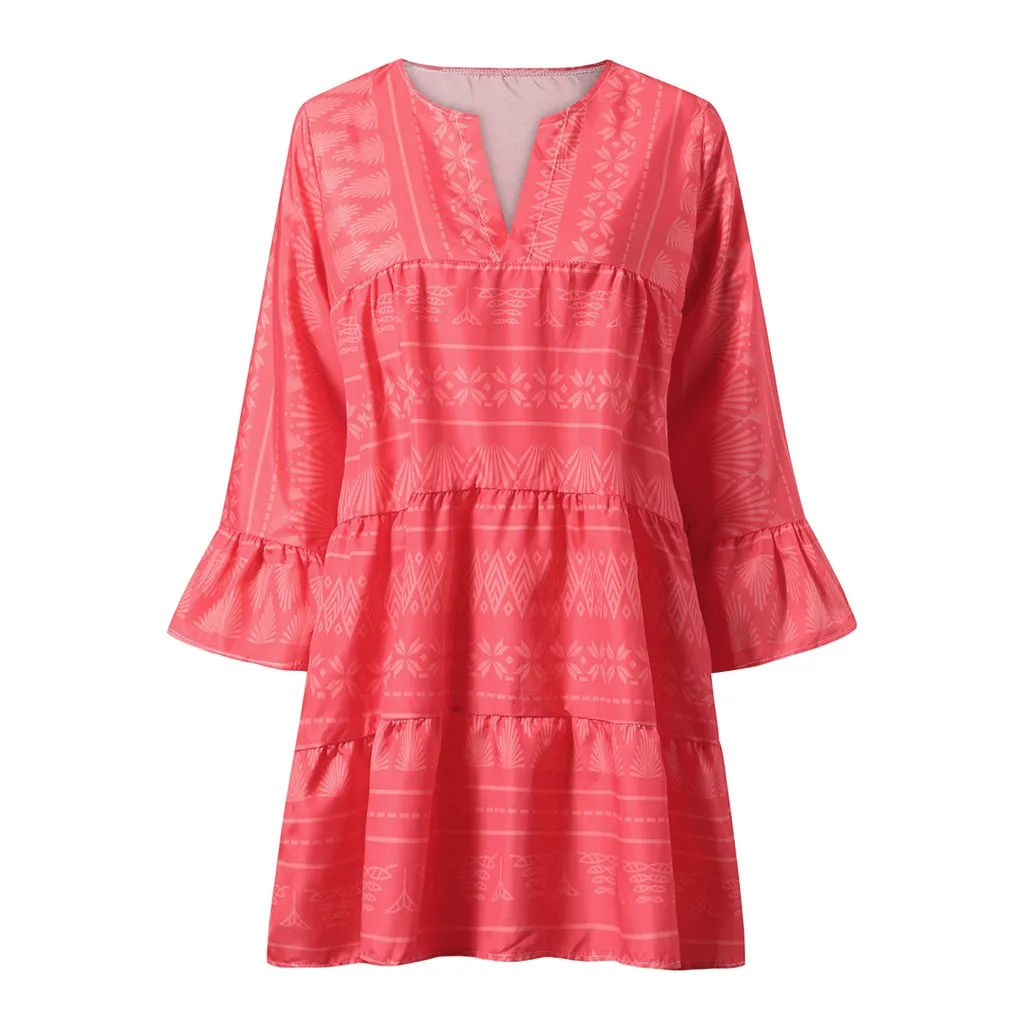 

Women's Dresses Autumn 2020 Women Geometry Printing Long Sleeve Flare Sleeve Mini Dress Retro Beach Party Dress Mujer Vestidos