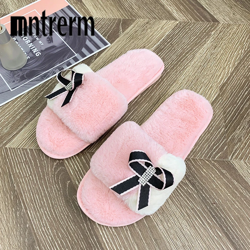 

Mntrerm Winter Women Home Slippers With Faux Fur Fashion Warm Shoes Woman Cute Bowtie Female Slides Black Pink Grey Plus Size 41