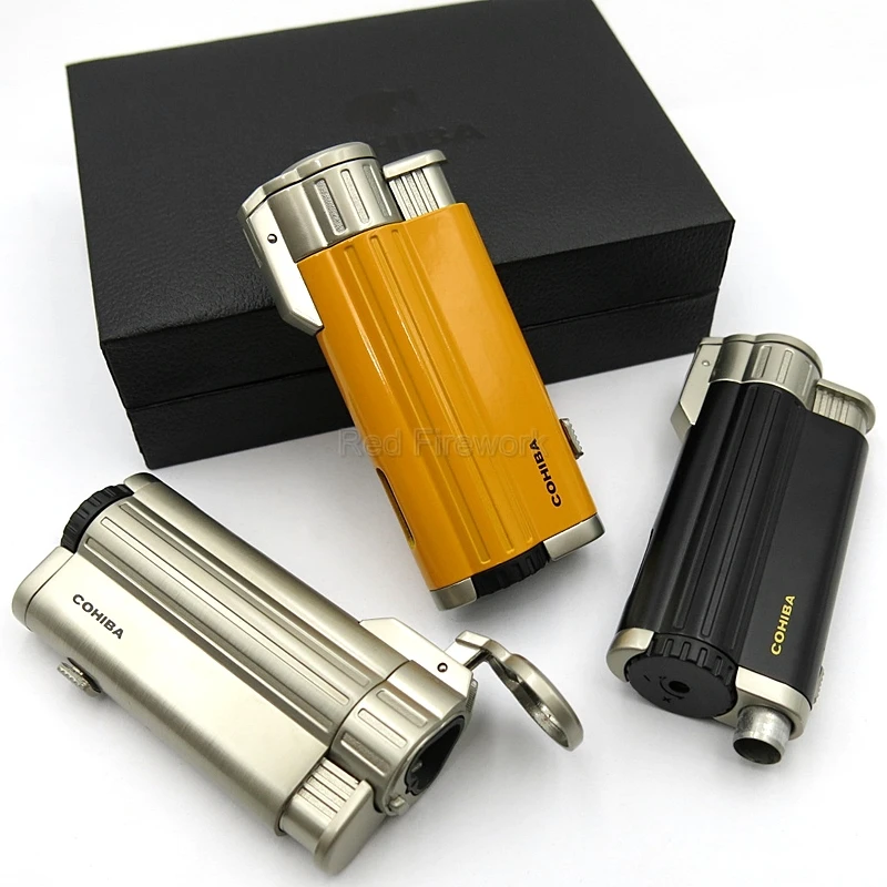 COHIBA курительные гаджеты, металлические ветрозащитные многоразовые зажигалки для сигарет, 3 фонарь, Высококачественные Зажигалки для сигар с подарочной коробкой
