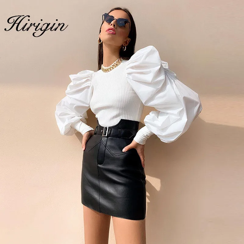 Patchwork Knitting Women's Sweaters O Neck Puff Sleeve Ruched Streetwear Female Sweater Autumn Fashion New 2019 | Женская одежда