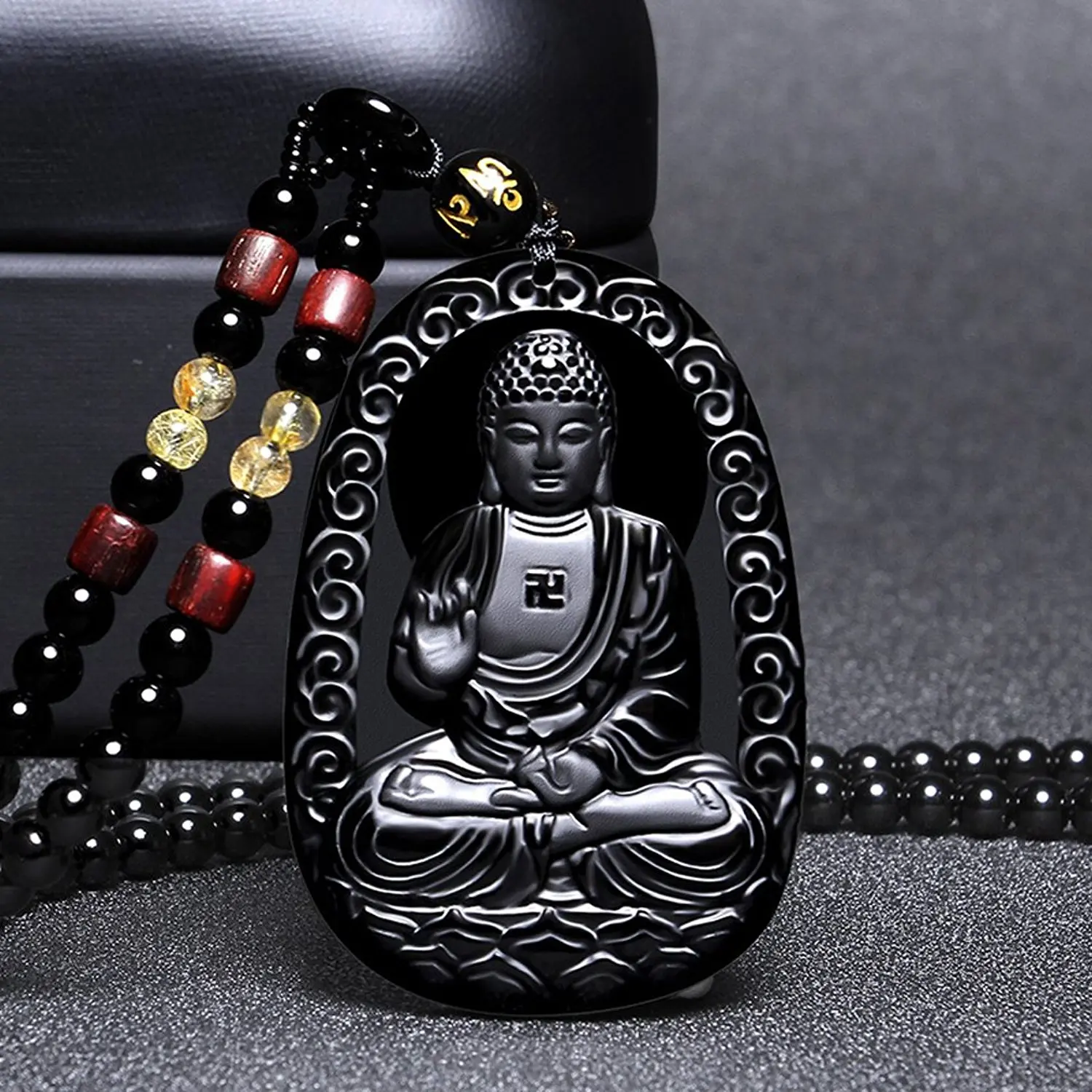 LETSFUN Fine Jewelry Clin-kk Pure Natural Obsidian Sakyamuni Tathagata Amitabha Buddha Statuary Necklace Pendant Free Shipping | Украшения