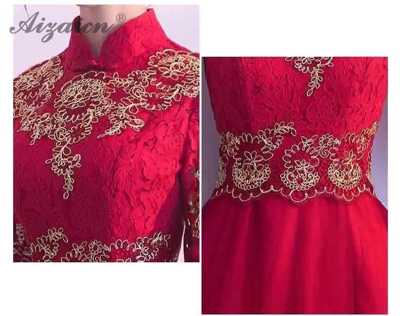 Современное китайское платье, кружевное, Ципао, винтажное, Cheongsam, платья подружек невесты, винно-красное, с роговыми рукавами, Qi Pao, традиционное вечернее платье