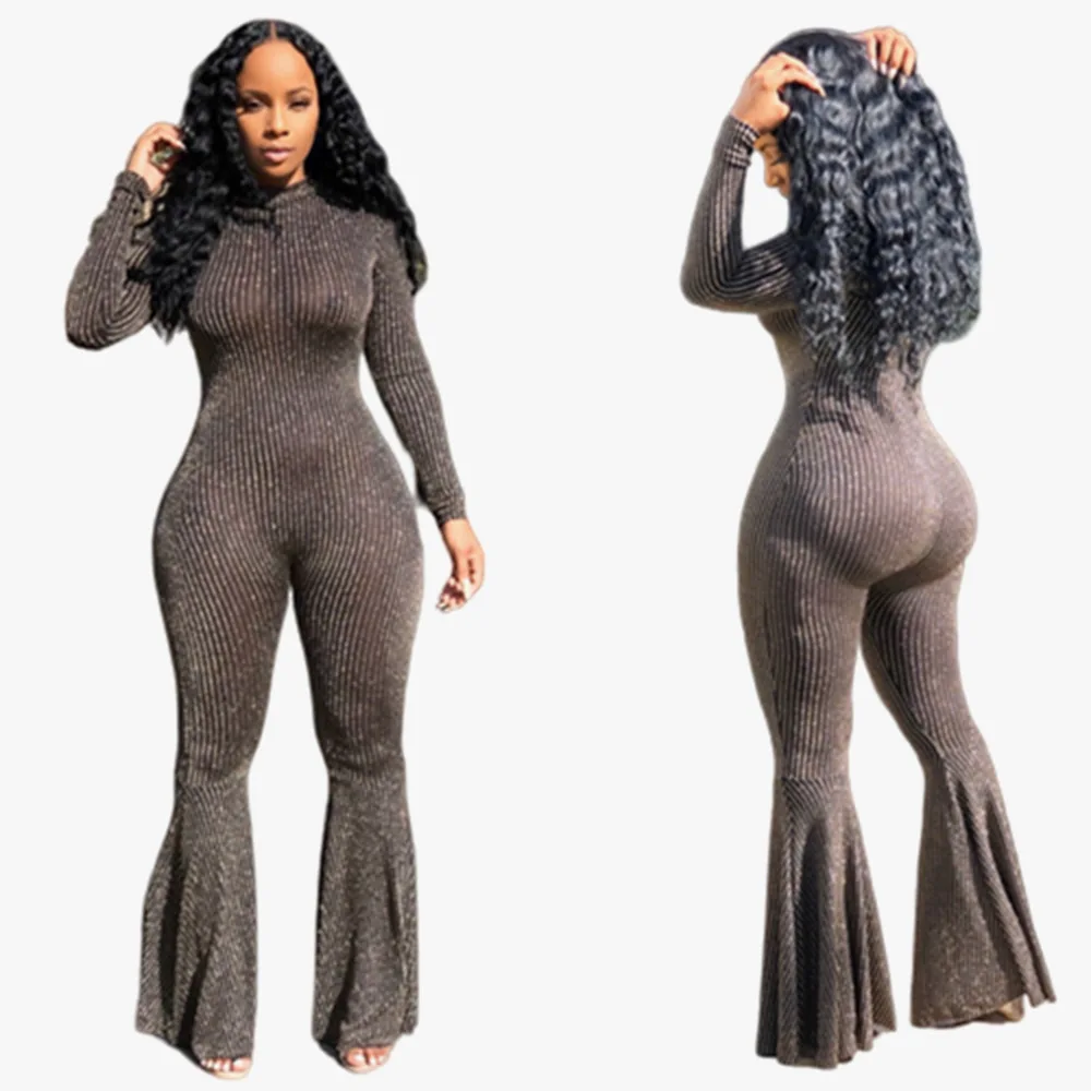 Блестящая ткань женские расклешенные комбинезоны полная длина новинка 2020 модные