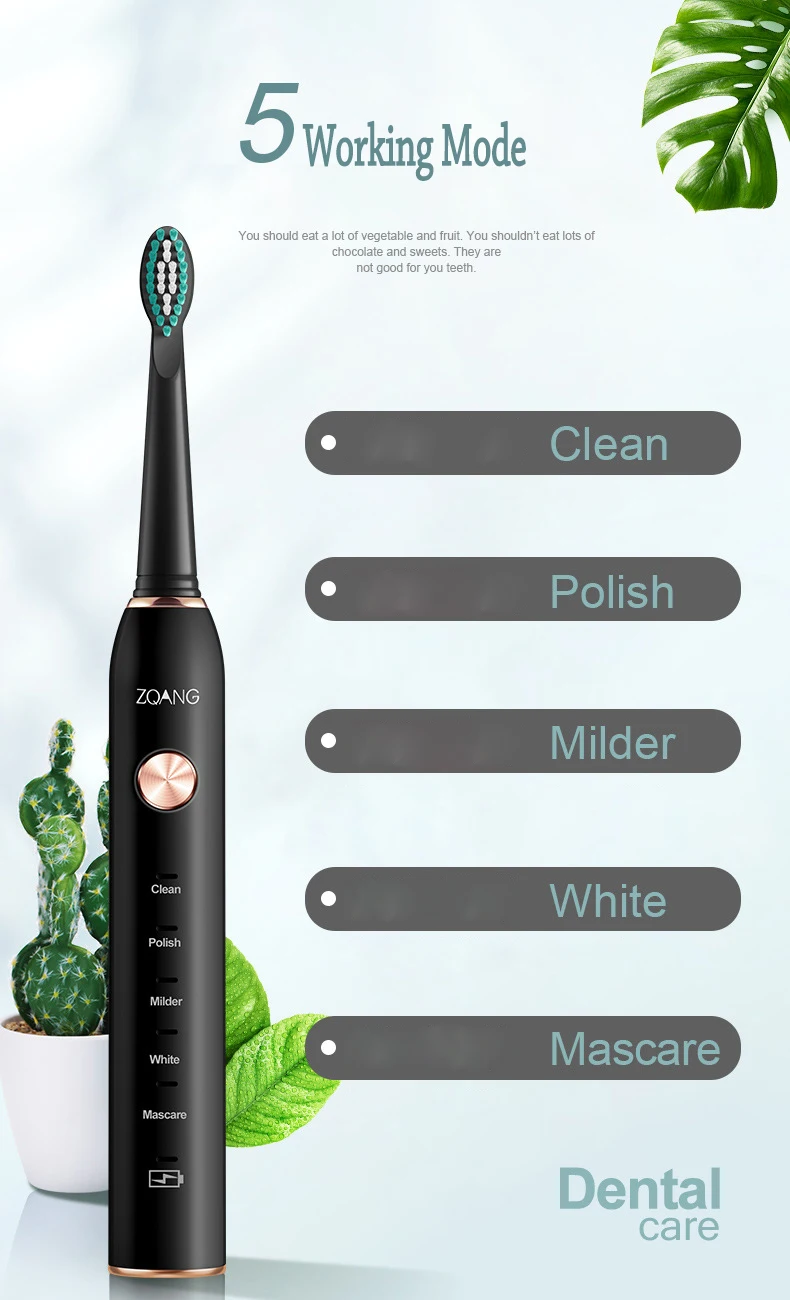 Зубная щетка Ультразвуковая электрическая с USB-зарядкой и таймером 5 режимов