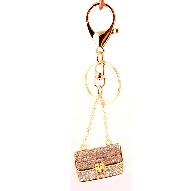 

New Fashion Metal Small Gift Creative Square Lady Chain Bag Shape Keychain Gold Rhinestone Lady Bag Accessories 3.5*2.8cm