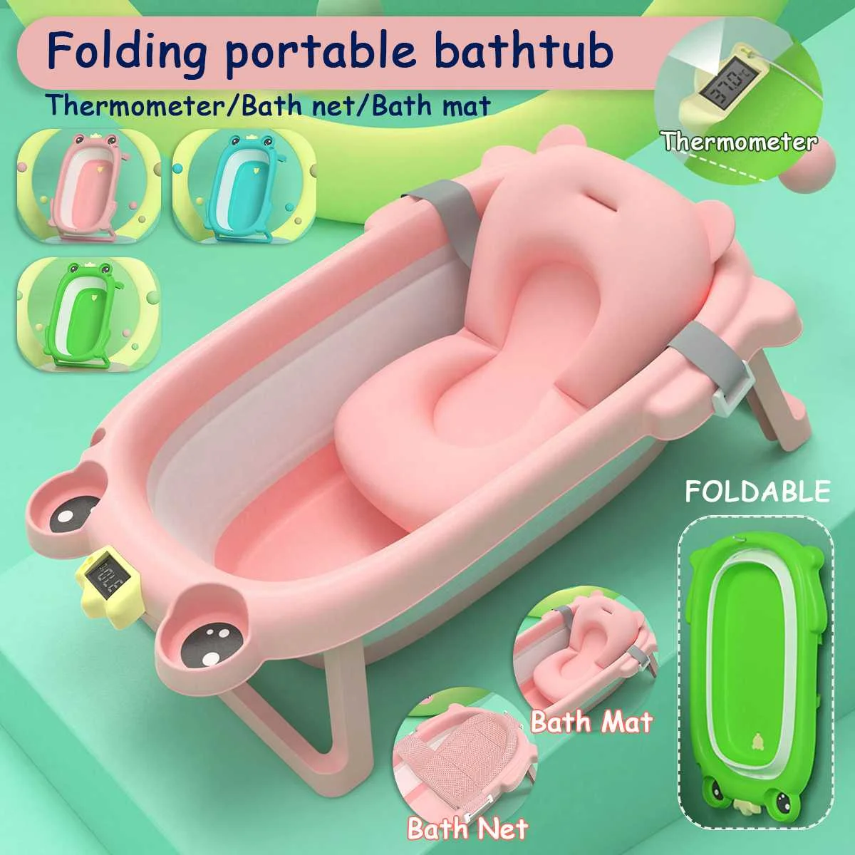 

Portable Baby Bathtub Folding Bath Tub Kid Non-Slip Cartoon Lying Baby Shower Safety With Thermometer Senor Newborns Bath Tubs
