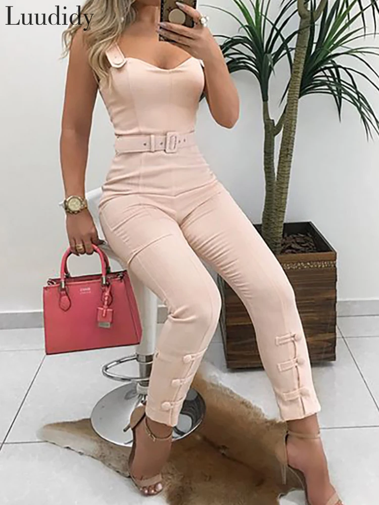 

Летний Облегающий комбинезон с пуговицами и поясом