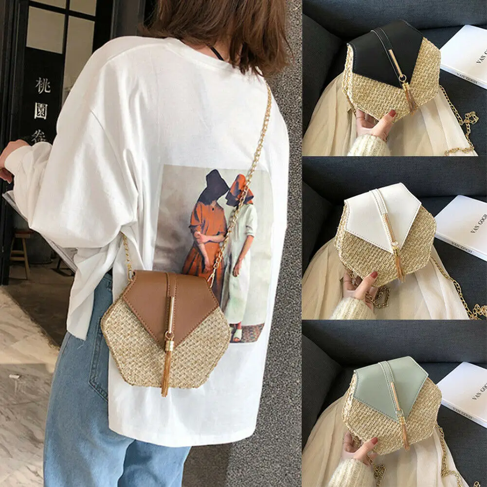 

New rhombus straw bag bohemian hand-woven rattan beach bag fashion shoulder bag