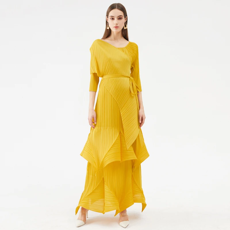 

Женское плиссированное платье миаке, желтое длинное платье большого размера с цветочным узором и шарфом, Оригинальная дизайнерская одежда,...