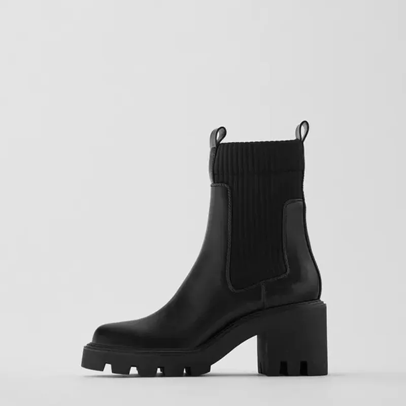 

ZA Groove Pattern Sole Socks Boots High Heel Short Boots Round Head Winter Thick Heel Black Sock Boots