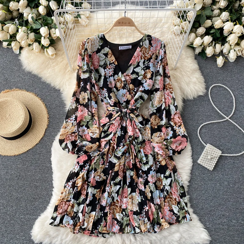 

Elegant Pleated French Harajuku Print Dress V-neck Spring Autumn Women Slim Lantern Sleeve Vestidos Retro Dress 8 Colors
