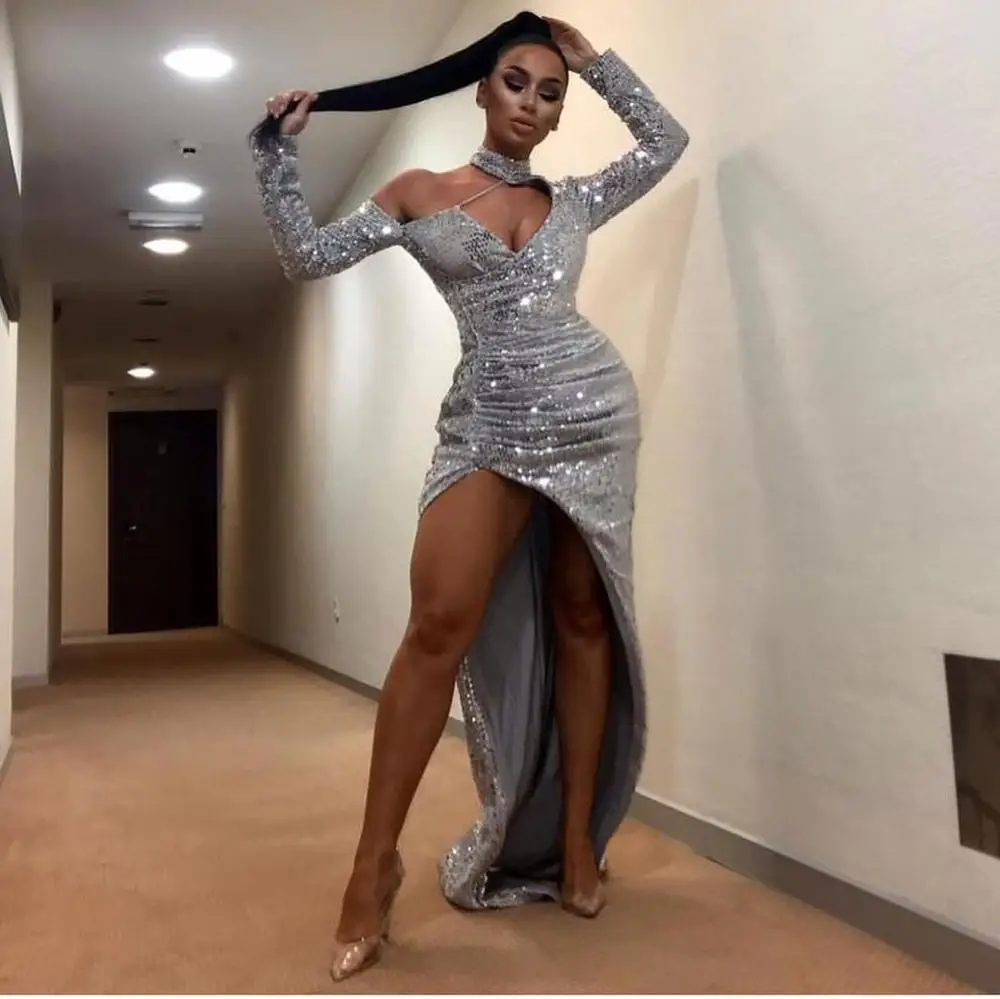 

Glitter Sliver Mermaid Prom Dresses Dubai Arabic Sequins Party Evening Dresses Modern Sexy Side Split Custom Made Robe De Mariée