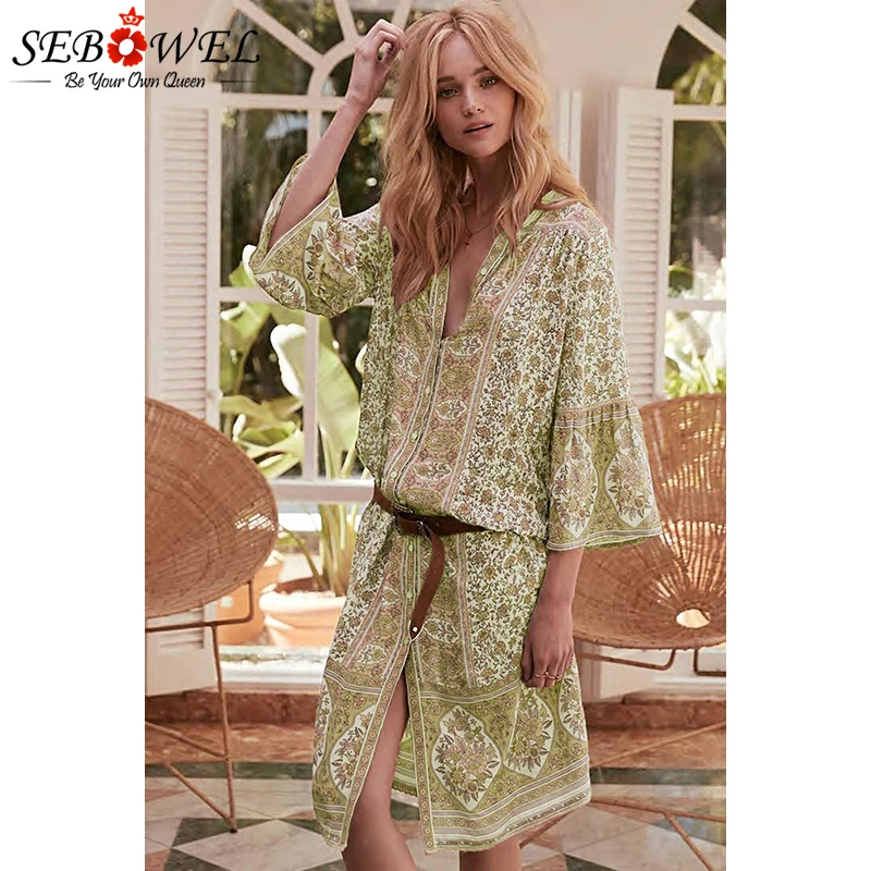 

SEBOWEL Sky Blue Three Quarter Sleeve Mid Calf Print Beach Dress Salidas De Playa Para Mujer 2020 Beach Wear Women Cover Up XL