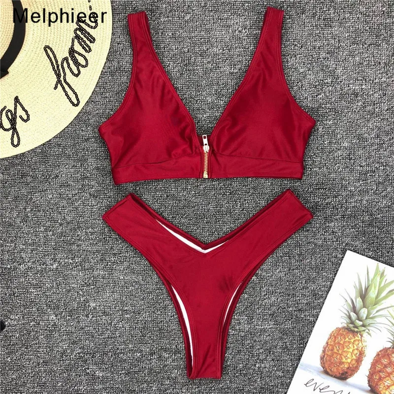 Женская сексуальная пляжная одежда Melphieer однотонное бикини на молнии комплект с