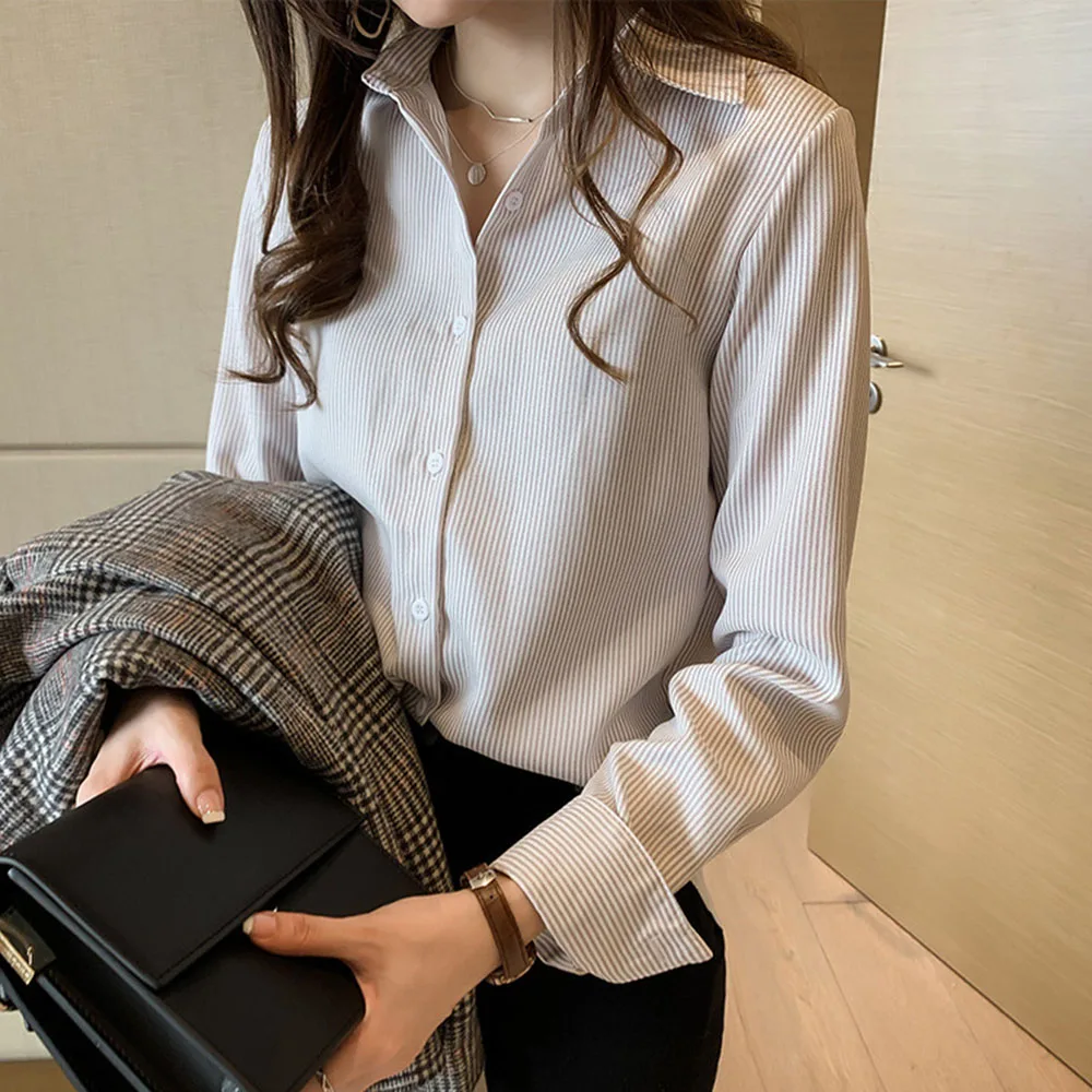 

Женская однобортная рубашка в полоску, Базовая Блузка с отложным воротником и длинными рукавами, универсальный топ на весну и осень