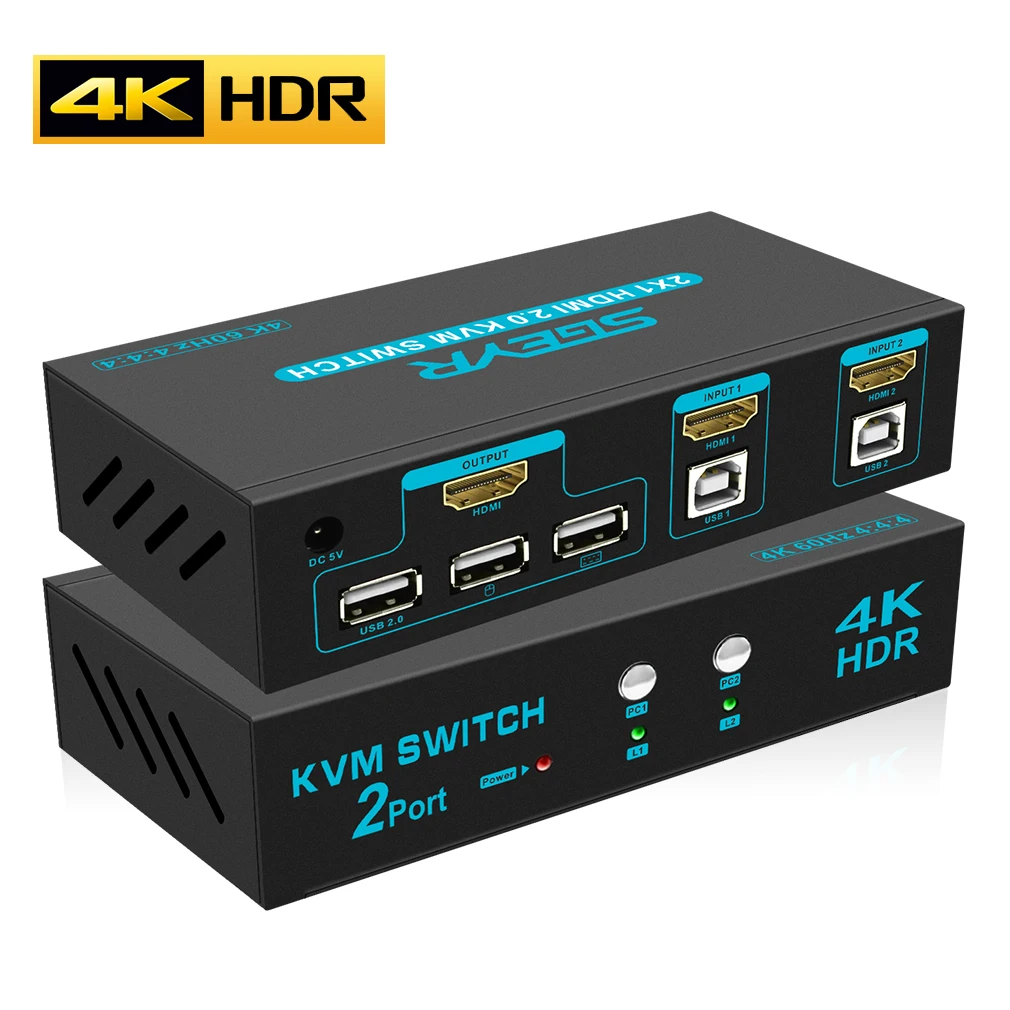 

KVM switch SGEYR, алюминиевый HDMI-переключатель, позволяет делиться монитором, мышью, клавиатурой и USB-устройством, поддерживает UHD 4K @ 60 Гц