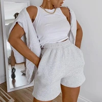 women casual sports shorts solid color elastic waist wide leg shorts with slant pockets female tracksuit workout bottoms shorts