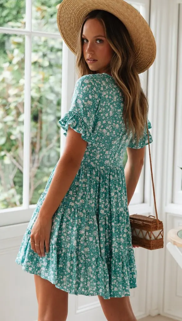 

Sexy V-Neck Flare Sleeve Print Dresses 2020 New Summer Women Bohemian A-Line Dress Fashion Vestidos Female Blue Beach Mini Dress