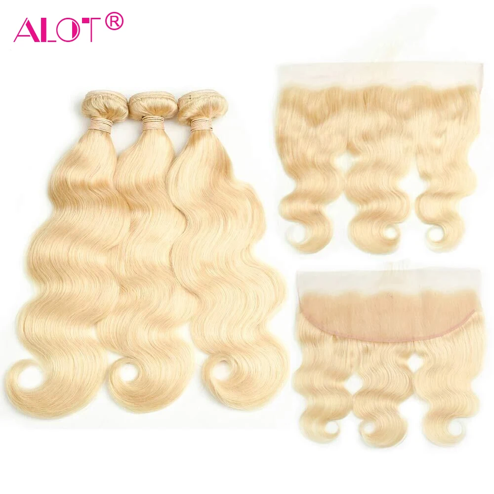 Body Wave 613 Bundles With Frontal Blonde Brazilian Human Hair Lace Closure 3 13x4 | Шиньоны и парики