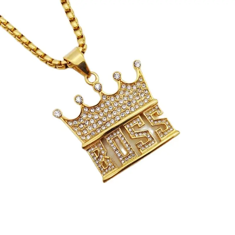 

Hip Hop fashion Crown Boss pendant necklace Gold color stainless steel full rhinestones Rock BOSS Crown necklace men performance