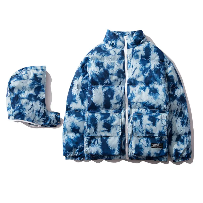 GONTHWID Tie Dye/толстая теплая парка со съемным капюшоном, куртки, хип-хоп хлопчатобумажные пуховики в повседневном стиле, парки, зимние пальто, уличная верхняя одежда - Цвет: Blue P