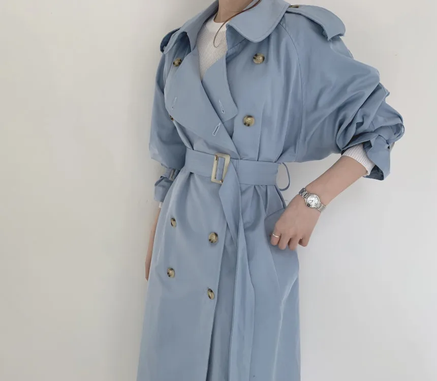 blue Осенний Женский Повседневный плащ ropa mujer двубортная винтажная выстиранная верхняя одежда свободная одежда - Цвет: blue