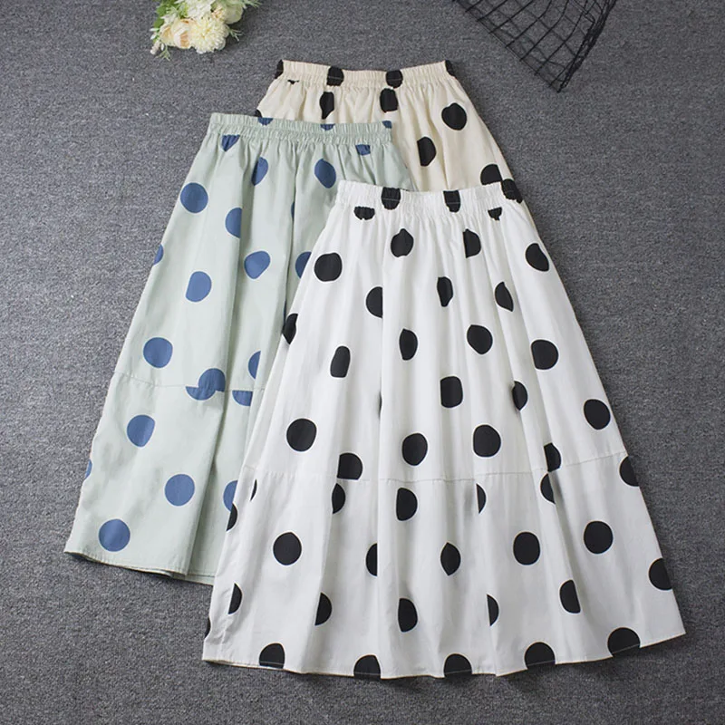 Женская длинная юбка в горошек белая эластичная хлопковая А силуэта стиле бохо
