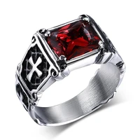 cross ruby red black zircon diamonds gemstones rings for men punk gothic stainless steel jewelry cool fashion accessories gift