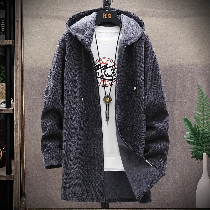 Autumn/winter long coat fleece heavy wool sweater hoodie pullover zipper cardigan sweater men's fashion jacket