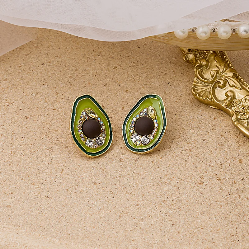Wholesale Korean Fashion Shiny Rhinestone Avocado Big Earrings for Women 2022 Summer Green Oil Fruit Statement Brincos | Украшения и