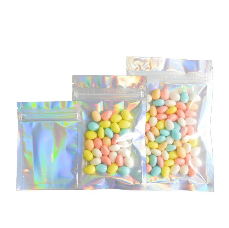 

Голографические цветные 100 шт закрывающиеся мешки с защитой от запаха сумка из фольги плоская Лазерная цветная упаковочная сумка для вечер...