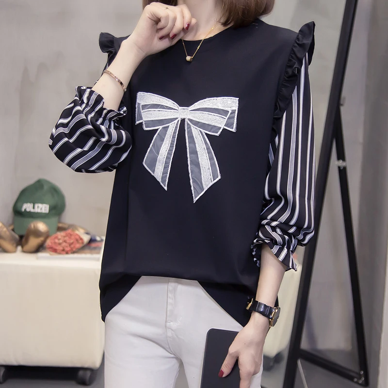 

Bow Long Sleeved Sweet Plus Size Korean Autumn Elegant Fashion Blouses And Tops Women'S Oversize T-Shirt Clothing 2021 Female