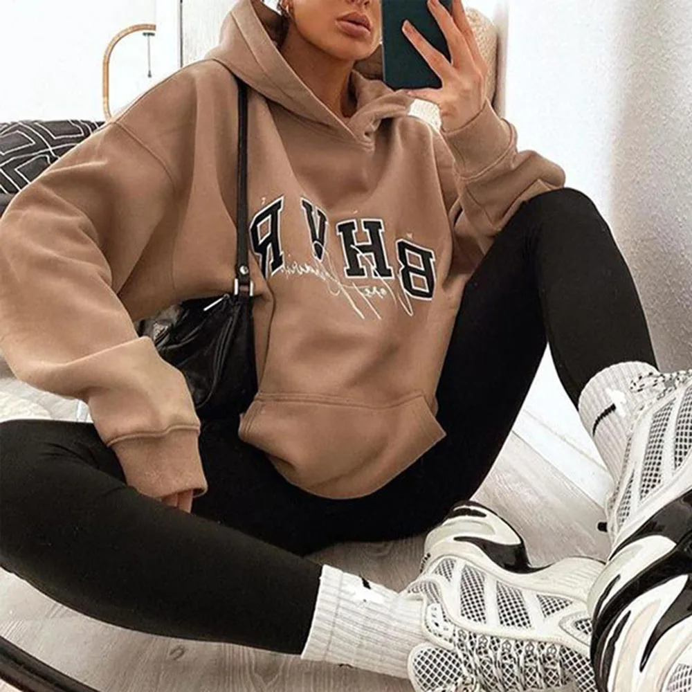 

Oversized Hoodie Hooded 2021 Autumn Casual Solid Pullover Sweatshirts For Women Loose Long-sleeved Letter Pocket Streetwear