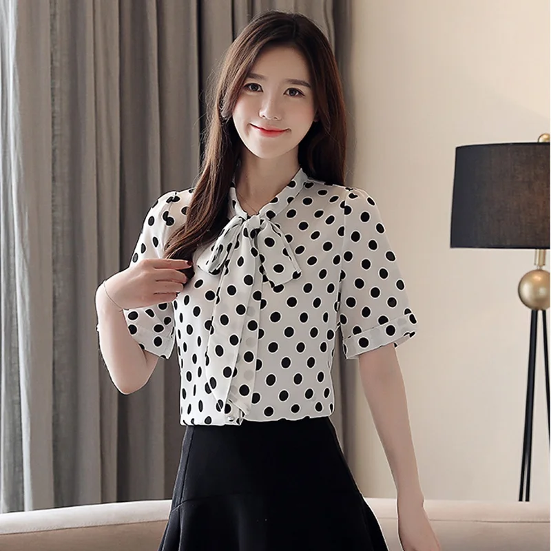 

Корейская модная шифоновая рубашка с бантом, топ, свободные рубашки с коротким рукавом в горошек, женские летние рубашки 2021