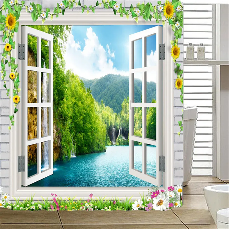 

Simulation 3D Seaview Natural Scenery Shower Curtain Waterproof Drapes Polyester Fabric Bathroom Curtain Toilet with Hooks